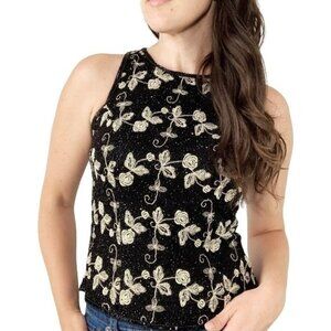 Laurence Kazar Silk Beaded Top Size Large Floral Embroidered Sleeveless Sz L
